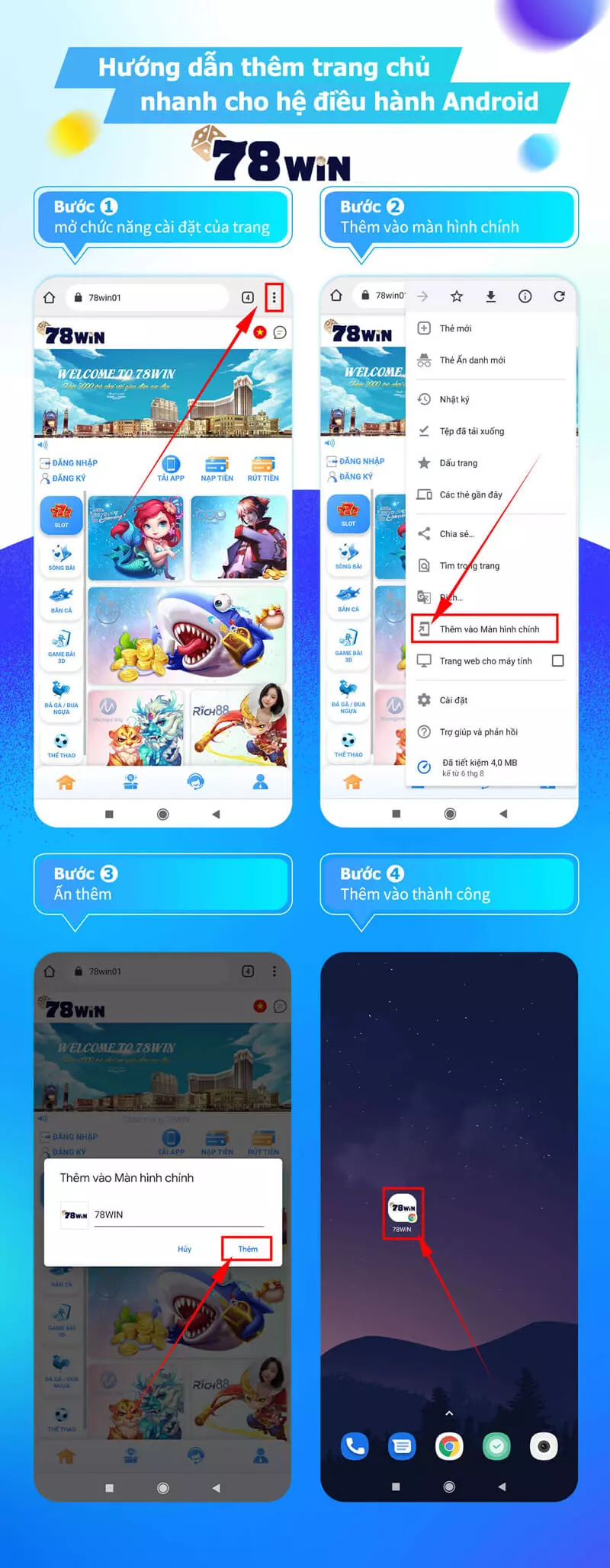 Hướng dẫn thêm giao diện trang chủ 78WIN cho Android